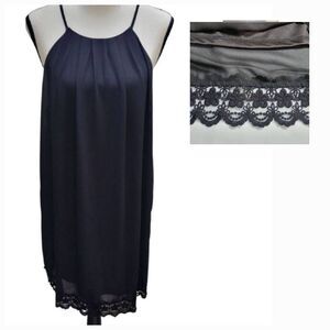 Monteau Sz L Sleeveless Black Dress Fully Lined Scalloped Lace Hem, Button Back